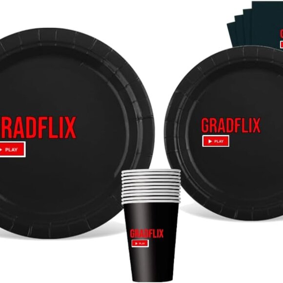 Gradflix Party Paper Supply Set, Black Paper Plates, Napkins and Cups, Movie - Picture 2 of 4